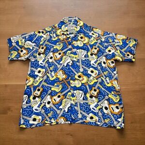 Vintage Mambo Loud Shirt Mens XL Blue Guitar Print Short‎ Sleeve Camp Shirt